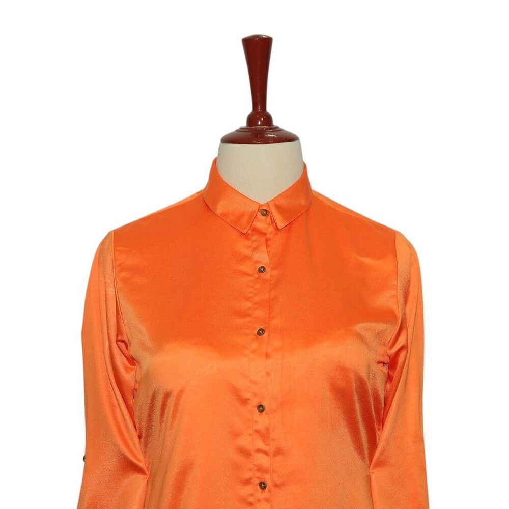 Womens Silky Satin Shirt Orange Blouse Button Up Casual Dressy Top Medium Work - Picture 3 of 7